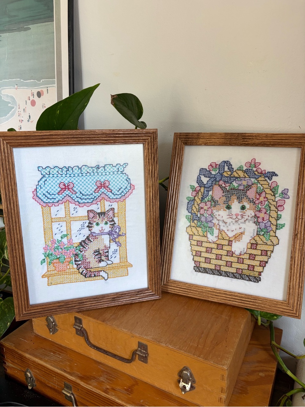 Vintage Handmade Framed Cross-Stitch Cat Art
